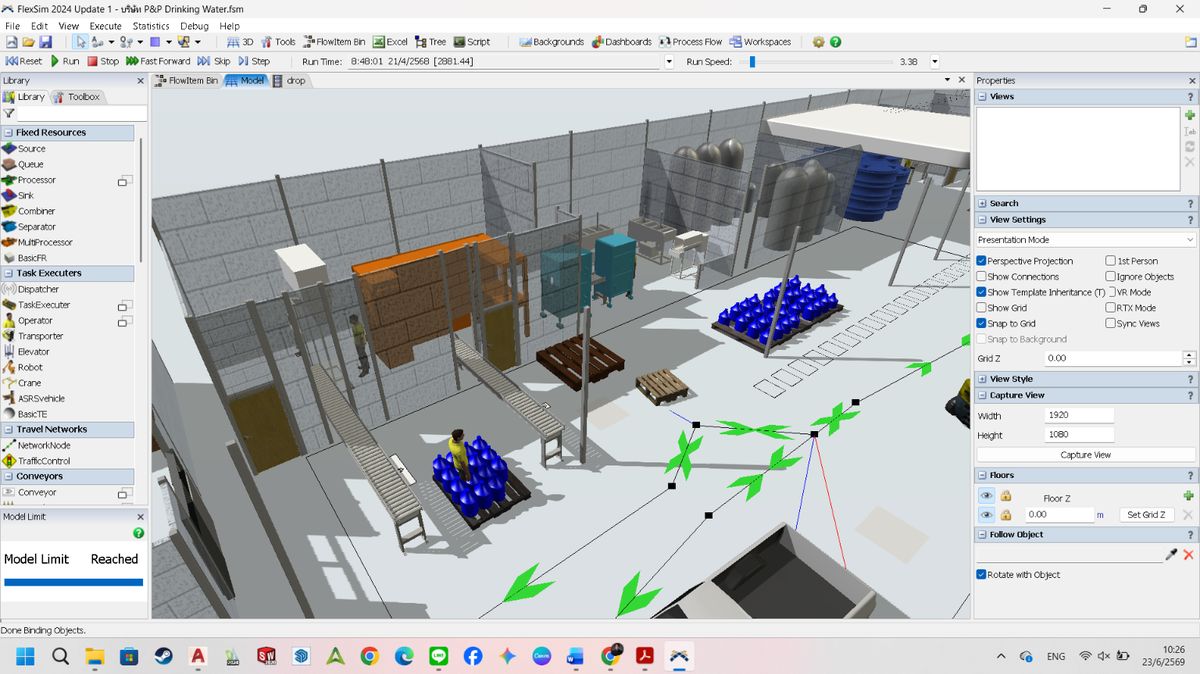 FlexSim simulation ขณะทำงาน แสดงพนักงานและพาเลท